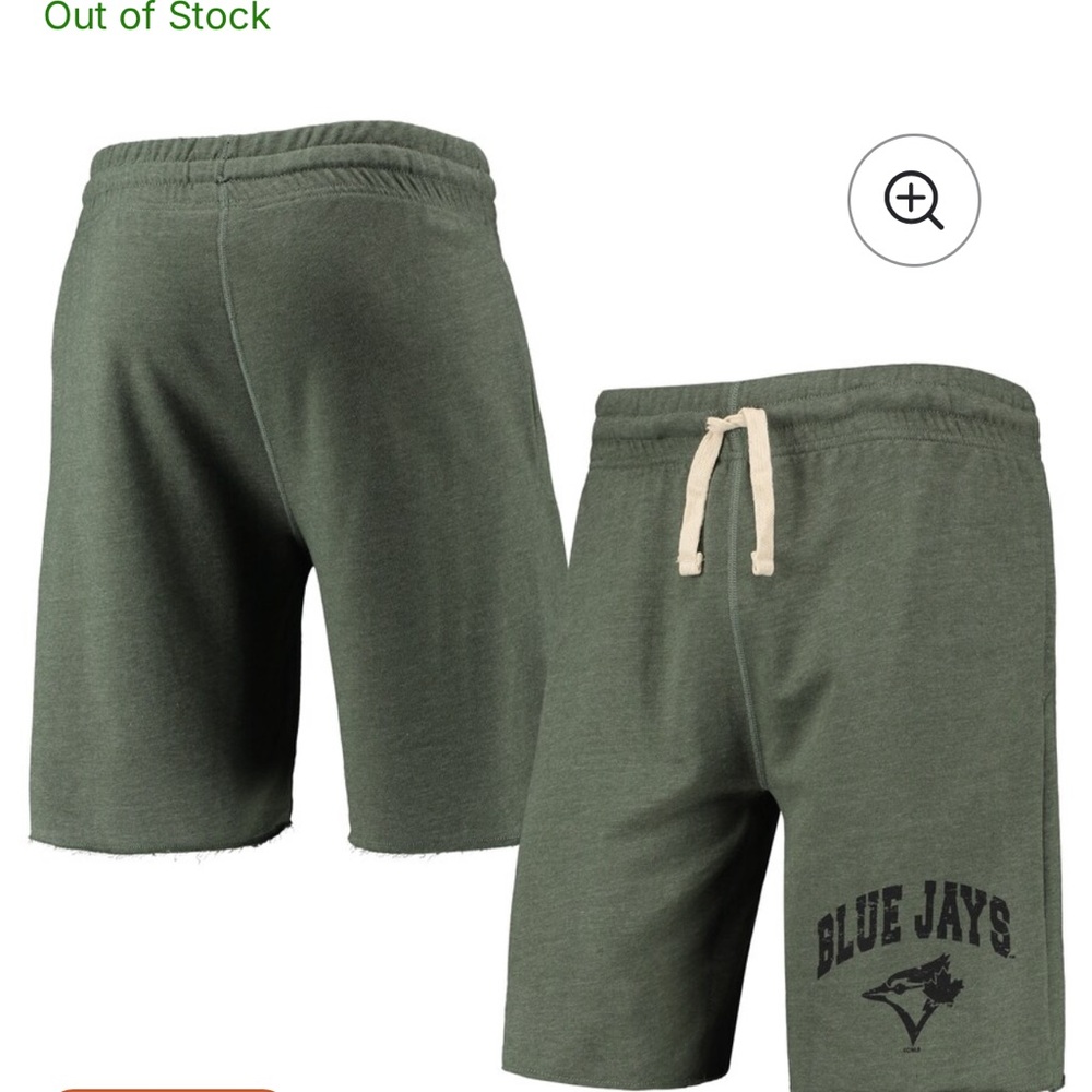 Blue Jays Shorts Olive green, sweatshirt material, elastic waist, drawstring.